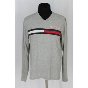 Vintage TOMMY HILFIGER JEANS Long Sleeve V-Neck T-Shirt Flag Logo Sz M
